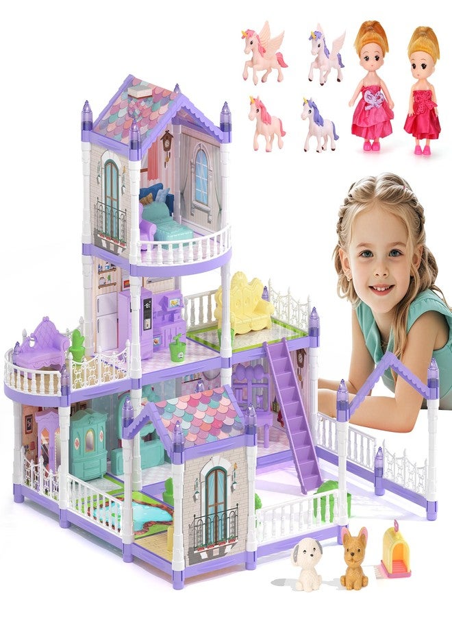 randhar Dollhouse Set with 2 Dolls&4 unicons Dreamy Doll House with 9 Rooms 3 Floors 2 Pets, 12 Pieces Furniture and Accessories, Birthday Princess Dollhouse for Girls for 3 to 12 Years Old - Image 1